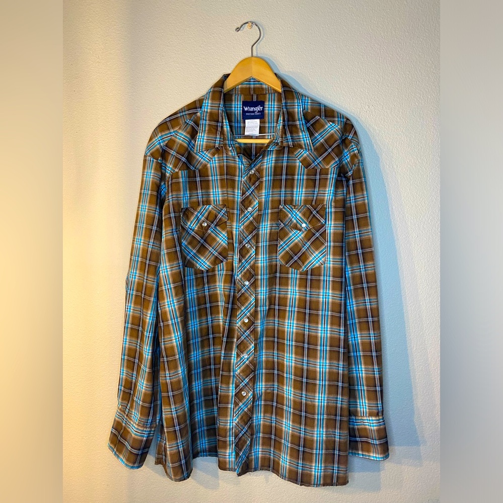 Wrangler Western Pearl Snap LongSleeve Button Down Blue White Brown Plaid Shirt